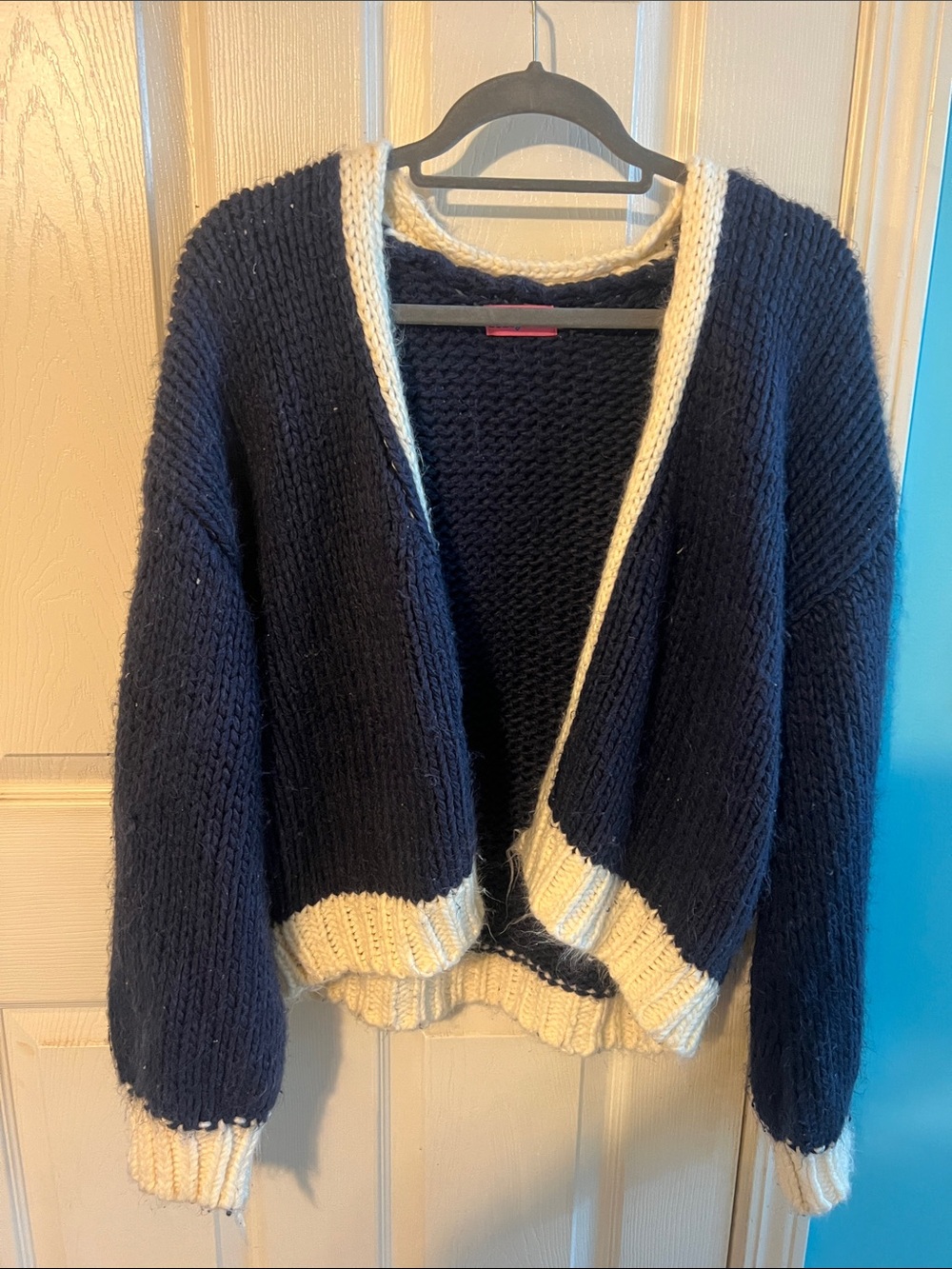 Edikted Navy and Cream Chunky Open Cardigan